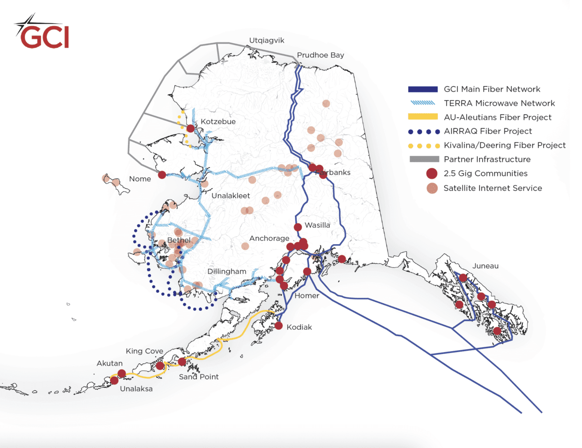 A map of the GCI's internet network in Alaska. The TERRA Network is comprised of 22 towers that span across the interior and western regions of Alaska. Graphic courtesy of GCI.